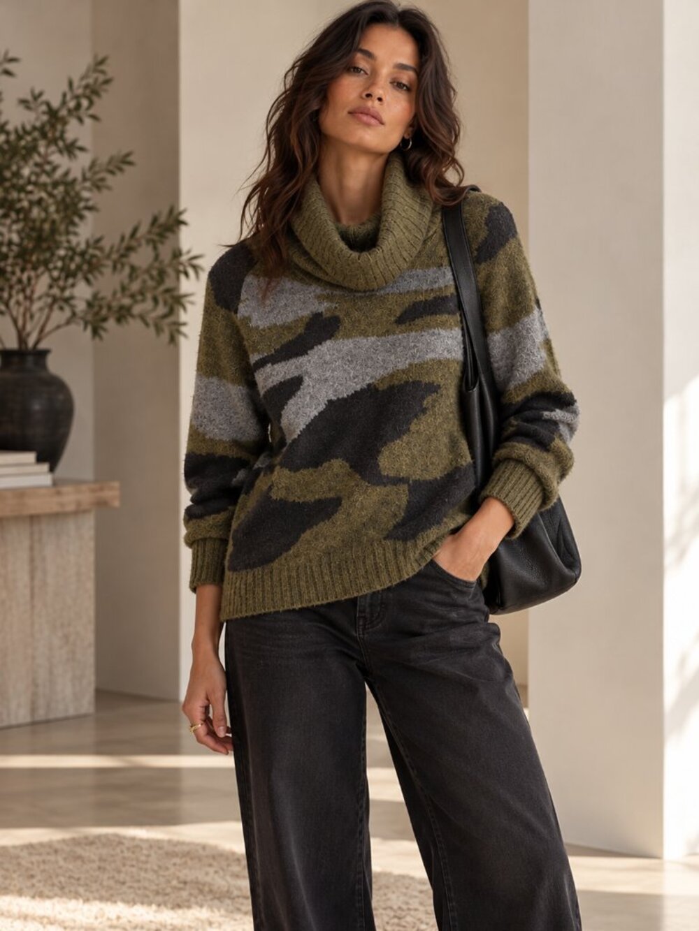 HEARTLOOM Olive Camo Cowl Neck Knit Sweater Scandi Chic Relaxed Cool Girl Sz M
